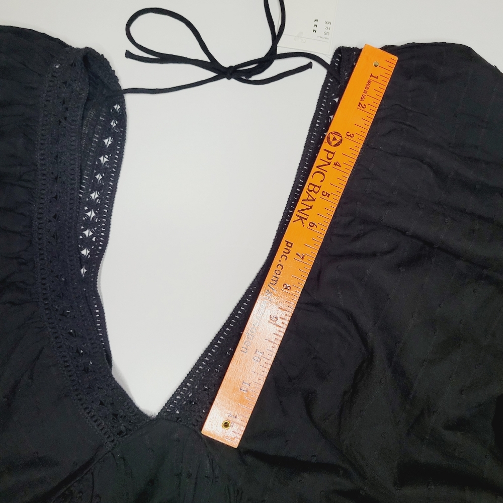 H&M Influencer Dress Balloon Sleeve Cotton Crotchet V-Neck Medium Black Vacation - Picture 9 of 15